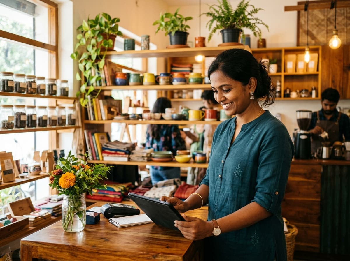 Independent Indian small business owner at counter